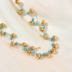 Синтетическая Бирюза 304 Женские ожерелья из нержавеющей стали и граненых круглых бусин из искусственной бирюзы, золотые, 16.14 дюйм (41 см)