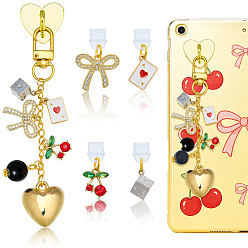 Golden 5Pcs PVC Mobile Dustproof Plugs and Iron Cell Phone Holder Stand, with Alloy Enamel Pendant and Alloy Swivel Clasps, Heart, Golden, 30~123mm