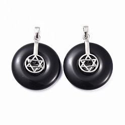Obsidian Natural Obsidian Pendants, for Jewish, with Platinum Tone Brass Findings, Donut/Pi Disc with Star of David, 35.5x30x8.5~9.5mm, Hole: 4.5x6.5mm