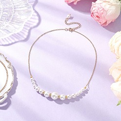 Золотой Круглые белые ракушечные жемчужины градуированные бусины ожерелья для женщин, с 304 кабельными цепочками из нержавеющей стали, золотые, 15.67 дюйм (39.8 см)