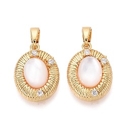 Настоящее золото 18K Натуральный белый оболочки подвески, овальные подвески из латуни с микропаве и прозрачным кубическим цирконием, реальный 18 k позолоченный, 17.5x13x4 мм, отверстие : 4.5x3 мм