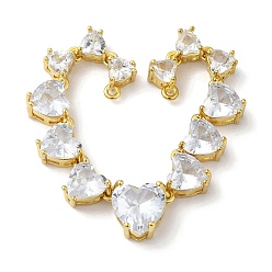 Clear Rack Plating Brass Glass Connector Charms, Heart Links, Real 18K Gold Plated, Long-Lasting Plated, Lead Free & Cadmium Free, Clear, 82x8x5mm, Hole: 1mm