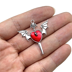 Красный Тибетском стиле сплава эмали подвески, меч с подвеской в виде крылатого сердца, античное серебро, красные, 39x37 мм