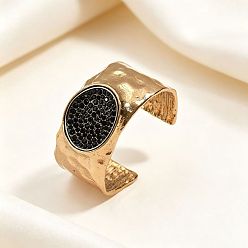 Golden Alloy Jet Rhinestone Textured Open Cuff Bangles for Women, Oval, Golden, Inner Diameter: 2.36 inch(6cm)