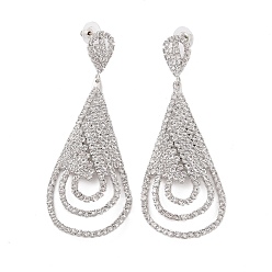 Platinum Brass Micro Pave Cubic Zirconia Stud Earrings, Teadrop, Platinum, 88x34.5mm