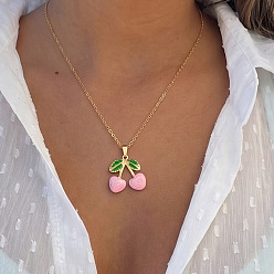 Hot Pink 304 Stainless Steel Enamel Cherry Pendant Necklaces for Women, Golden, Hot Pink, 17.72 inch(45cm)