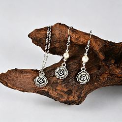 Antique Silver Zinc Alloy Imitation Pearl Flower Dangle Earrings & Pendant Necklaces Sets for Women, Antique Silver, 470mm, Pendant: 17x14mm