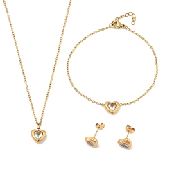 Прозрачный Сердце 304 ожерелья, браслеты и серьги-гвоздики из нержавеющей стали с микропаве из кубического циркония для женщин, ионное покрытие (ip), золотые, прозрачные, 7.48 дюйм (190 мм)