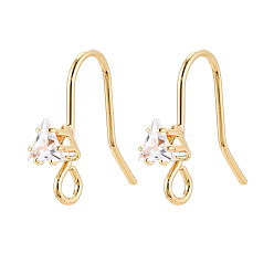Настоящее золото 18K Крючки для сережек из латуни с прозрачным фианитом, без никеля , плоско-круглые, с петлей, реальный 18 k позолоченный, 15x4.5 мм, отверстие : 2 мм, штифты : 0.9 мм