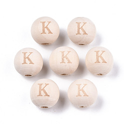 Letter K Unfinished Natural Wood European Beads, Large Hole Beads, Laser Engraved Pattern, Round with Word, Letter.K, 15~16x14~15mm, Hole: 4mm