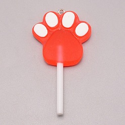 Red Resin Pendants, with Iron Loop, Imitation Candy, Cat Paw Lollipop, Red, 62x32.5x9mm, Hole: 2mm