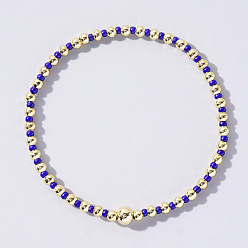 Синий Женские браслеты из круглых бусин в корейском стиле из стекла и латуни, синие, внутренний диаметр: 6-1/2 дюйм (16.5 см)