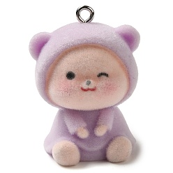 лаванда Подвески из флокированной смолы, Подвески в виде животных с железными петлями с платиновым покрытием, медведь, лаванда, 32.5x24x20 мм, отверстие : 2 мм