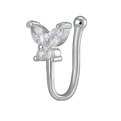 Бабочка Латунные микропаве прозрачные кубические цирконии клипсы для носовой перегородки, украшения для пирсинга носа для женщин и мужчин, платина, бабочка, 12 мм, Цветок: 4x4 мм