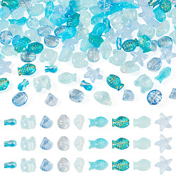 Light Sky Blue 180Pcs 9 Styles Transparent Spray Painted Glass Beads, Light Sky Blue, 10~16x6~15x4~11mm, Hole: 1~1.2mm, 20pcs/style