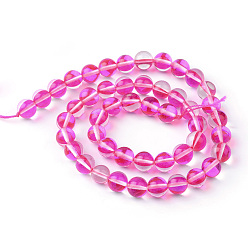 Deep Pink Synthetic Moonstone Beads Strands, Holographic Beads, Dyed, Round, Deep Pink, 8mm, Hole: 1mm, about 45~47pcs/strand, 14~15 inch