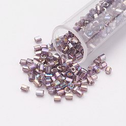 Rosy Brown 11/0 Two Cut Round Hole Glass Seed Beads, Hexagon, Silver Lined, Rainbow Plated, Rosy Brown, 2x2mm, Hole: 0.5mm, about 41000pcs/pound