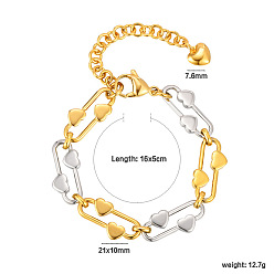 Heart Duo Tone 304 Stainless Steel Link Chain Bracelets for Women, Golden & Stainless Steel Color, Heart, 6.30 inch(16cm)