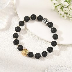 Lava Rock 8.5MM Natural Lava Rock Round Beaded Stretch Bracelets, 304 Stainless Steel Tree of Life Bracelets, Antique Silver & Antique Golden, Inner Diameter: 2.17 inch(5.5cm)