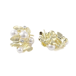 Golden Brass with Resin Imitation Pearl Stud Earrings, with Micro Pave Cubic Zirconia, Flower, Golden, 31x25mm
