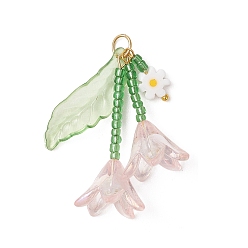 Розовый Стеклянные подвески из бисера, очарование цветка лилии, с акриловой фольгой и 304 нержавеющей сталью, золотые, туманная роза, 37x7.5~16.5x3~16.5 мм, Перейти кольцо: 5.8x0.8 мм, внутренний диаметр: 4.5 мм