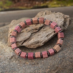 Родонит Эластичные браслеты из кубического натурального родонита и синтетических немагнитных гематитовых бусин для женщин и мужчин., регулируемый