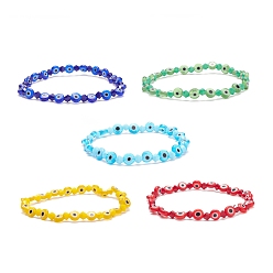 Mixed Color Glass & Lampwork Evil Eye Beaded Stretch Bracelet for Women, Mixed Color, Inner Diameter: 2-1/8 inch(5.3cm)