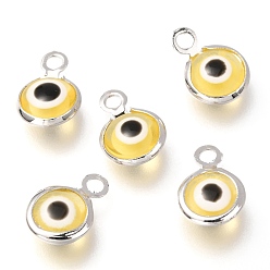 Real Platinum Plated Handmade Evil Eye Lampwork Charms, with Brass Findings, Flat Round, Blue, Real Platinum Plated, 10x6.5x3mm, Hole: 1.5mm