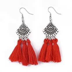 Tomato Cotton Thread Tassels Dangle Earrings, with Alloy Links and Brass Earring Hooks, Tomato, 70~74mm, Pin: 0.6mm