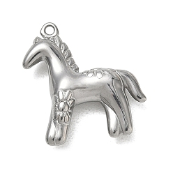 Stainless Steel Color 201 Stainless Steel Pendants, Horse with Flower Charms, Stainless Steel Color, 22.5x19x5.5mm, Hole: 1.2mm