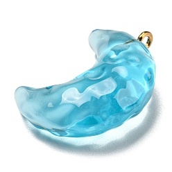 Deep Sky Blue Transparent Resin Moon Pendants, Crescent Moon Charms with Light Gold Plated Iron Loops, Deep Sky Blue, 28x20x9.5mm, Hole: 1.8mm