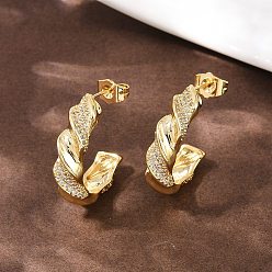 Настоящее золото 18K Серьги-гвоздики с микропаве из прозрачных кубических цирконий в форме спирали из латуни, долговечный, стойки покрытие, реальный 18 k позолоченный, 26x7 мм