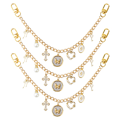 Golden 3Pcs Alloy Key Bowknot & Brass Micro Pave Cubic Zirconia Heart Pendant 304 Stainless Steel Bag Decorative Chains, Golden, 305mm