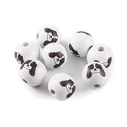 White Wood European Beads, Round with Dog Pattern, White, 16x15mm, Hole: 4.5mm