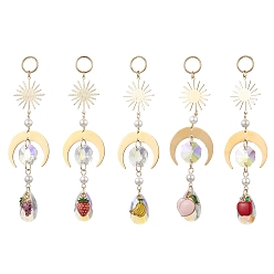 Mixed Shapes Стеклянные каплевидные и эмалевые подвесные ловцы солнца с фруктами, с 304 результатами из нержавеющей стали и латуни, Вс & луна, разнообразные, 110x30 мм, 6 шт / комплект