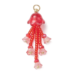 Красный Стеклянные подвески из бисера, подвески из бисера в виде медуз, со стеклом, красные, 37~40x12 мм, Перейти кольцо: 5x0.7 мм, внутренний диаметр: 3 мм