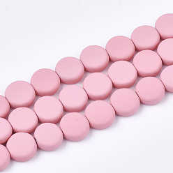 Pink Spray Painted Non-magnetic Synthetic Hematite Beads Strands, Flat Round, Pink, 8x3mm, Hole: 1mm, about 48pcs/strand, 15.7 inch