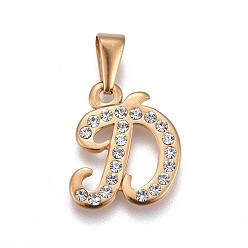 Letter D 304 Stainless Steel Pendants, with Rhinestone, Letter, Letter.D, 19x17x2mm, Hole: 3~3.5x7.5~8mm