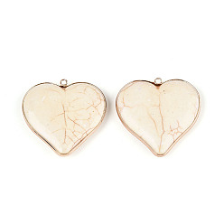 (404) Непрозрачное AB Кислое яблоко Подвески в форме сердца из синтетического говлита, с золотым латунным краем, цветочный белый, 43~44x44~45x10 мм, отверстие : 2 мм