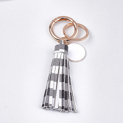White PU Leather Tassel Keychain, with Alloy Enamel Pendants, Iron Key Rings and Alloy Spring Gate Rings, Light Gold, White, 121~128mm
