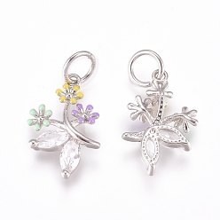 Platinum Brass Charms, with Micro Pave Cubic Zirconia, Enamel and Jump Rings, Flower, Colorful, Platinum, 15.5x10x3mm, Hole: 3.2mm
