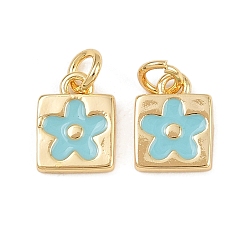 Голубой Латунь эмаль прелести, с целью перехода в кольце, квадрат с цветочным шармом, реальный 18 k позолоченный, голубой, 9x7x1.5 мм, отверстие : 2.2 мм