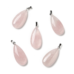Розовый Кварц Природного розового кварца подвески, с латунной фурнитурой платинового цвета, слеза, 33x15x7~7.5 мм, отверстие : 5x3.5 мм
