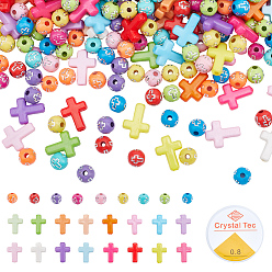 (52) Непрозрачная лаванда 600 шт 3 стили непрозрачные акриловые бусины, крест и круглый, с 1рулонной эластичной нитью, разноцветные, 8~18x8~12x4~8 мм, отверстие : 2 мм