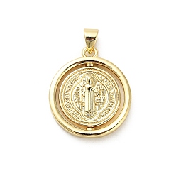 Золотой Латунные подвески, раунд со святым Бенедиктом, золотые, 23x20x3~4 мм, отверстие : 3.5x4.5 мм