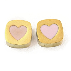 Розовый Ионное покрытие (ip) покрытие стойки 316l бусины из хирургической нержавеющей стали, без никеля , с эмалью, реальный 18 k позолоченный, квадрат с сердцем, туманная роза, 8x8x3.5 мм, отверстие : 2 мм