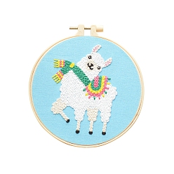 Alpaca Animal Theme DIY Display Decoration Punch Embroidery Beginner Kit, Including Punch Pen, Needles & Yarn, Cotton Fabric, Threader, Plastic Embroidery Hoop, Instruction Sheet, Alpaca, 155x155mm