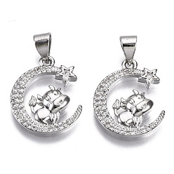 Platinum Brass Micro Pave Cubic Zirconia Pendants, Moon with Cattle, Nickel Free, Real Platinum Plated, 17.5x14.5x3mm, Hole: 3x4.5mm