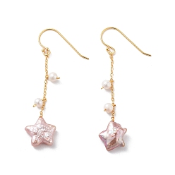 Real 18K Gold Plated Star Natural Pearl Dangle Earrings, Sterling Silver Earring for Women, Real 18K Gold Plated, 53.5x12mm