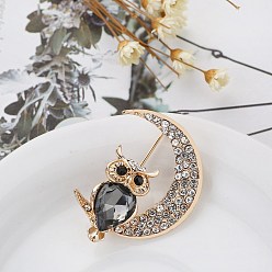 Черный Алмаз Золотой сплав горный хрусталь броши, броши луна с совой для женщин, черный алмаз, 35x27 мм